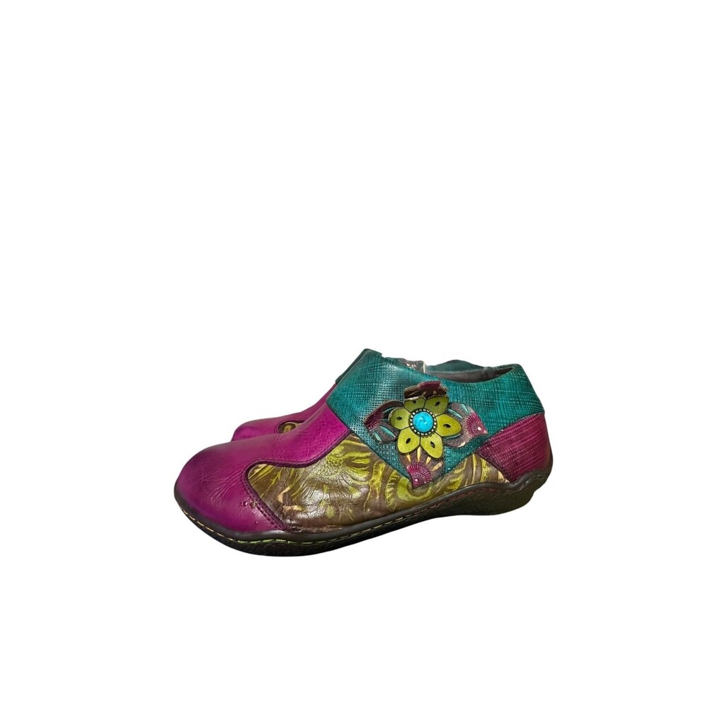 Socofy Boots Women 40 US 9.5 Burgundy Leather Ankle Bootie Floral Colorful Boho